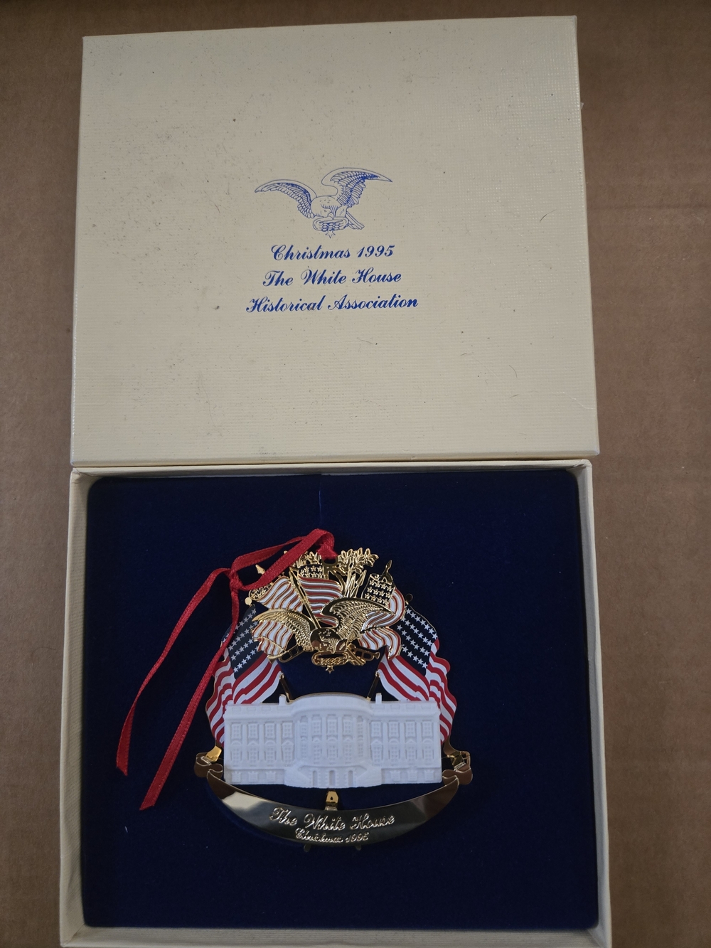 American Vintage White & Gold White House Ornament with Red Ribbon